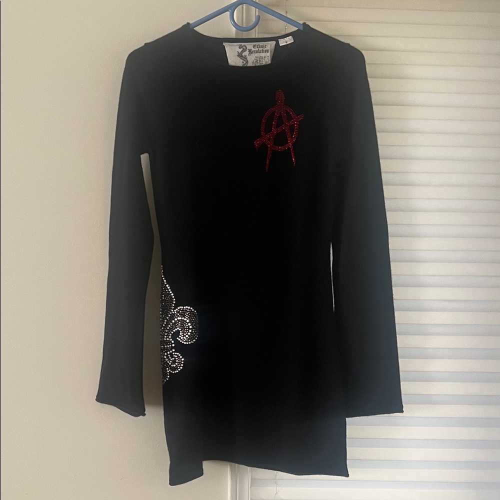 Black Cashmere Mini Dress with Red and Silver Rhinestone Accents